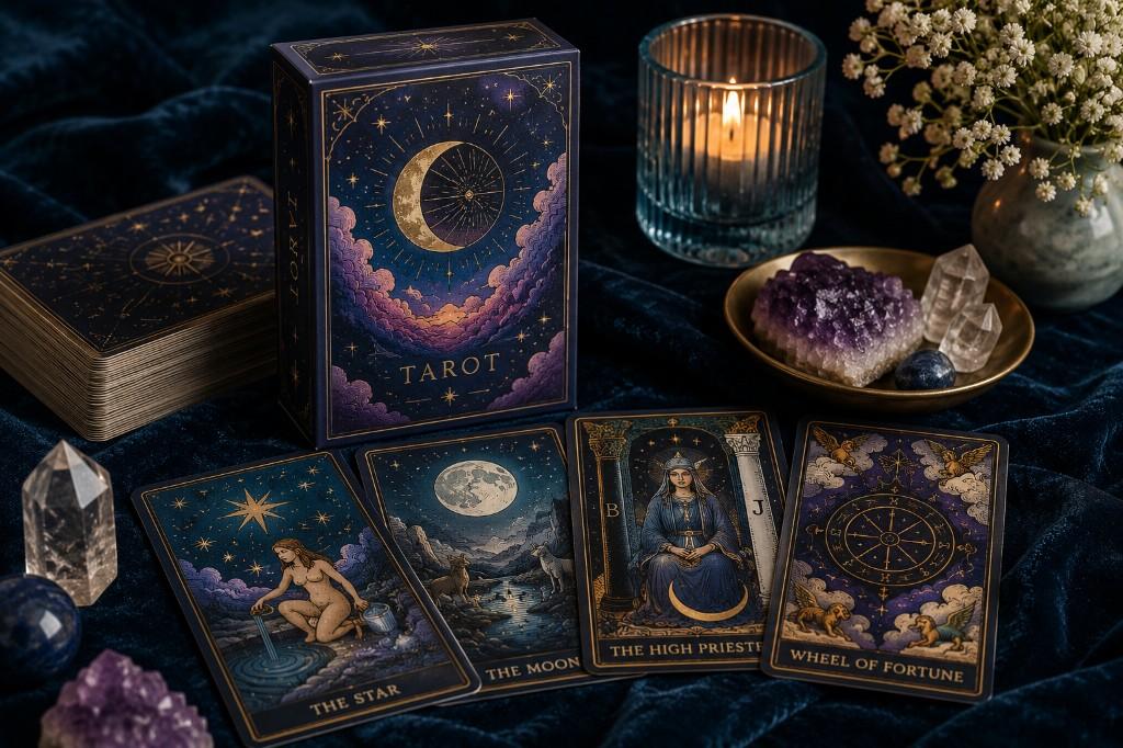 Celestial tarot deck with custom printed tuck box and spread cards