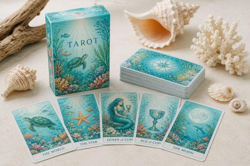 Ocean themed tarot deck with custom printed tuck box
