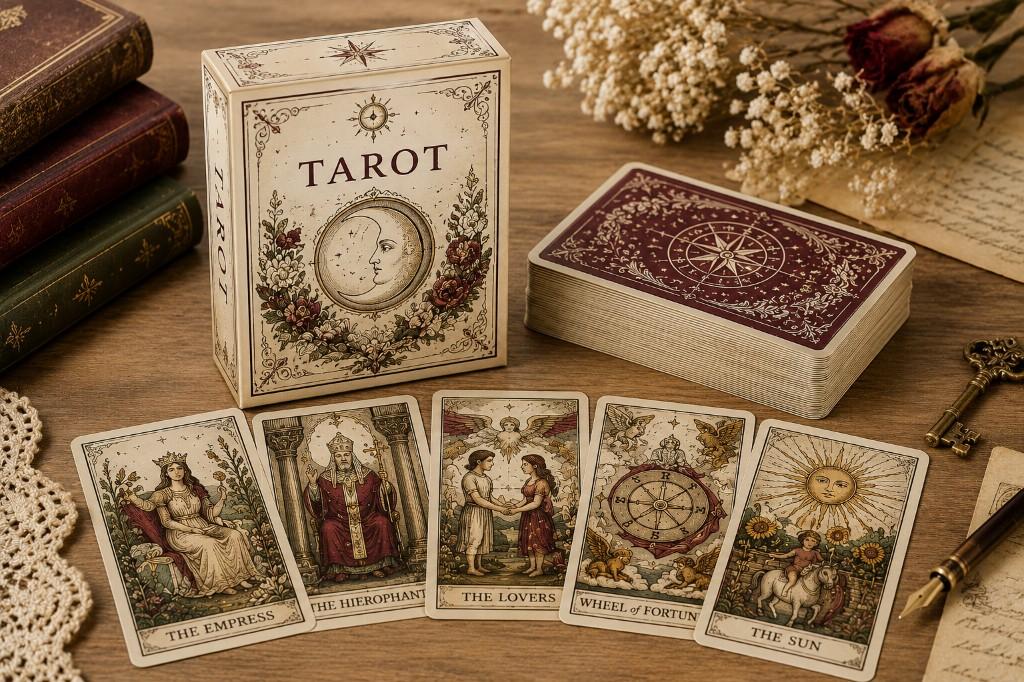 Vintage style tarot deck with custom printed tuck box