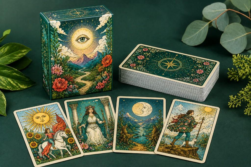 Custom printed tarot deck with tuck box, card stack, and spread cards