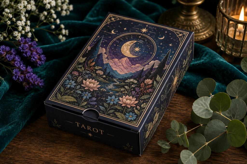 Custom printed tarot tuck box with full colour CMYK artwork